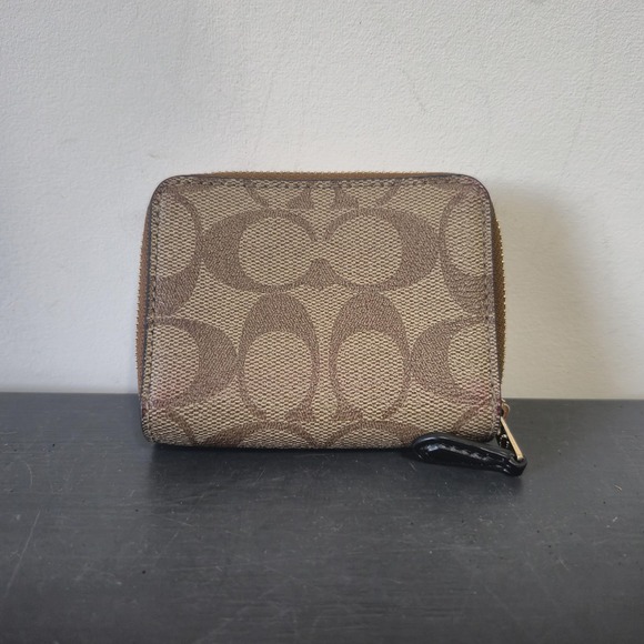 Coach Trifold Riley Wallet Brown Leather Canvas Zip Around Studded Monogram Logo - Picture 2 of 5